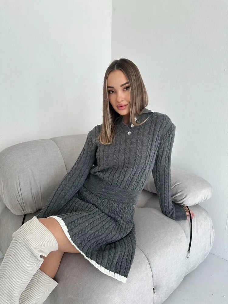 BKLD 2026 New Casual Skirt Sets Long Sleeve Tops Knitted Button Sweater And Mini Skirts Two Piece Sets Clothes For Women