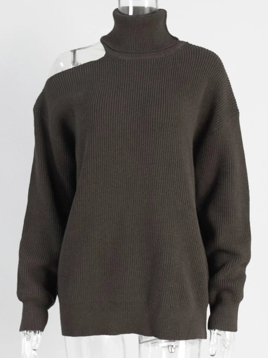 Women New Turtleneck Cutout Shoulder Pullover Long Sleeve Ribbed Knit Trendy Loose Fit Sweater Autumn Winter Fashion Streetwear