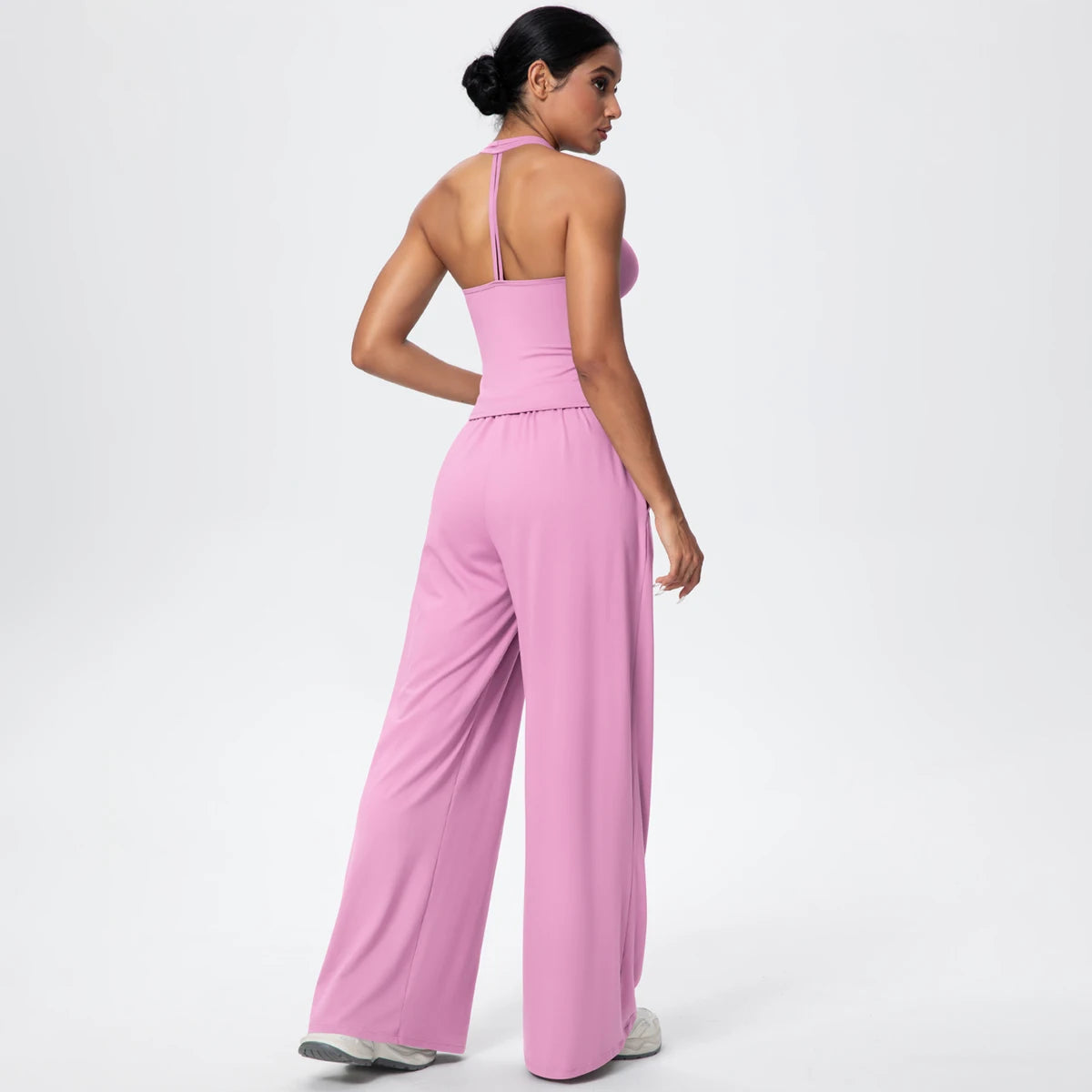 Breathable Loose Wide Leg Pants and Yoga Vest Set Solid Color High Stretch Pockets Pants Beautiful Back T-shaped Vest Yoga Suit