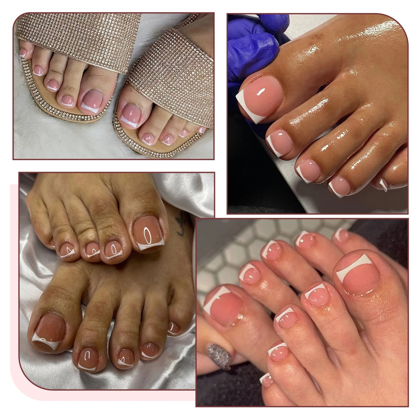 288/120Pcs False Toes Nails French Square Fake Toe Nails Pink/Nude/Brown Feet Nail Tips for Women Artificial Press On Toenails