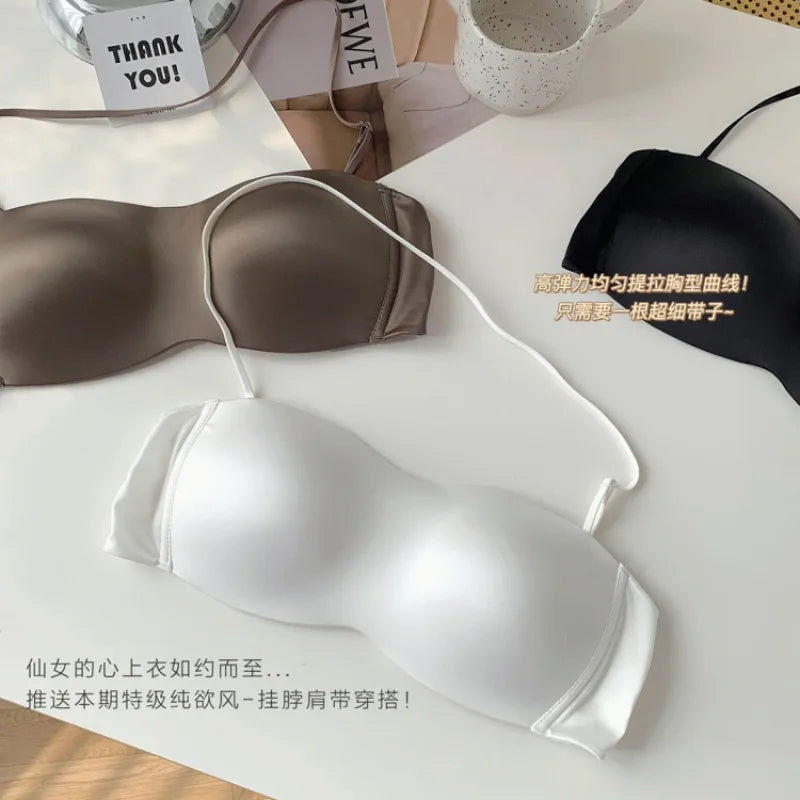 Premium Satin Convertible Bra Japanese Style Strapless Halter Versatile Wear Seamless Comfort Lingerie for Women CA S-XL MOYISU