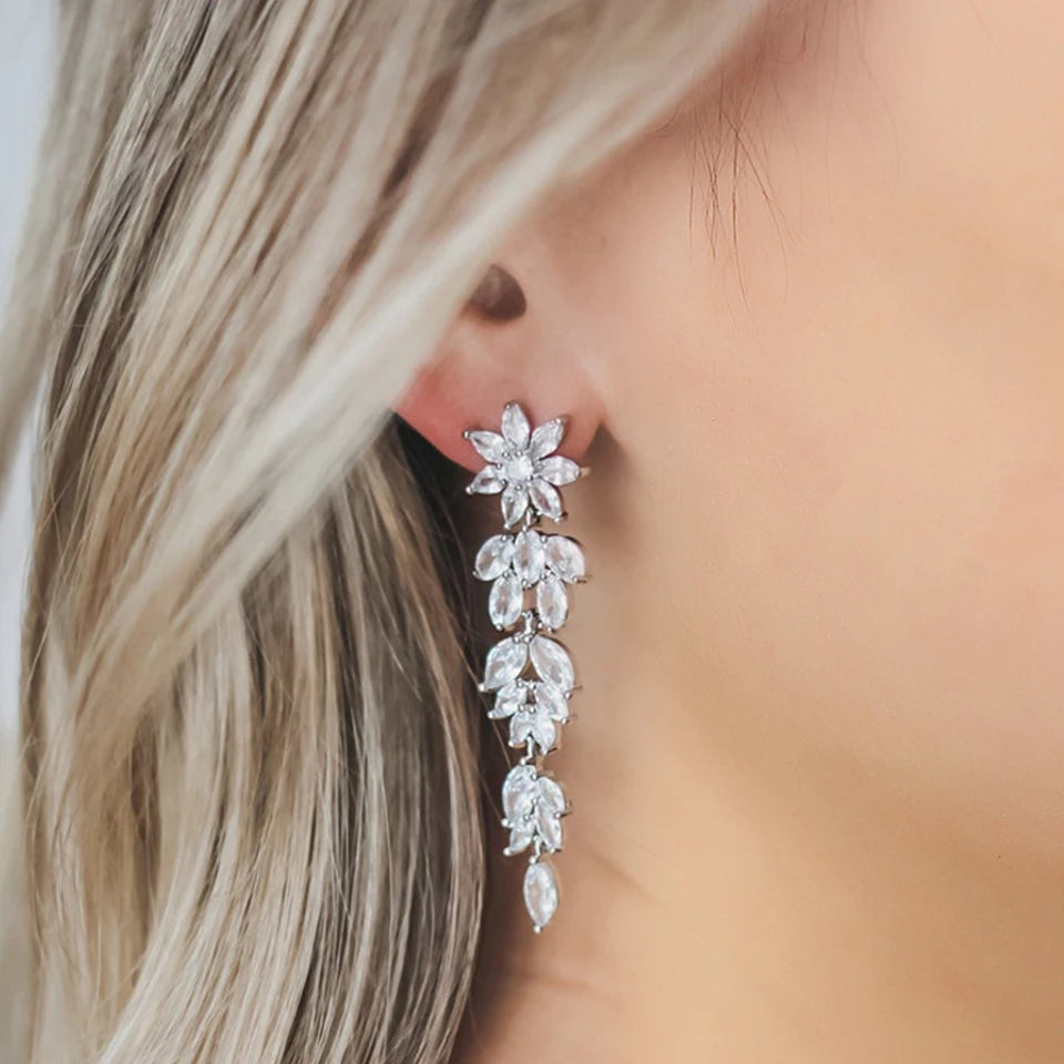 ZAKOL Fashion Cubic Zirconia Leaf Long Dangle Earrings for Elegant Women White Leaves Drop Earring Bridal Wedding Jewelry