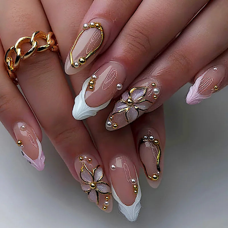 24Pcs Mid-length 3D Flowers Design Fingertips Sweet Butterfly Yellow Ripple Almond False Nails Detachable Full Cover Press Ons