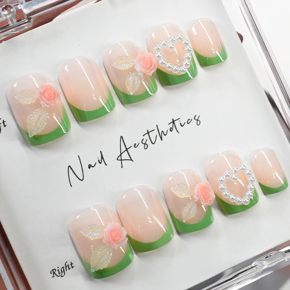 24Pcs Green Short Square French False Nails 3D Heart Rose Flower Charm Full Cover Fake Nail for Women Wearable Press on Nails