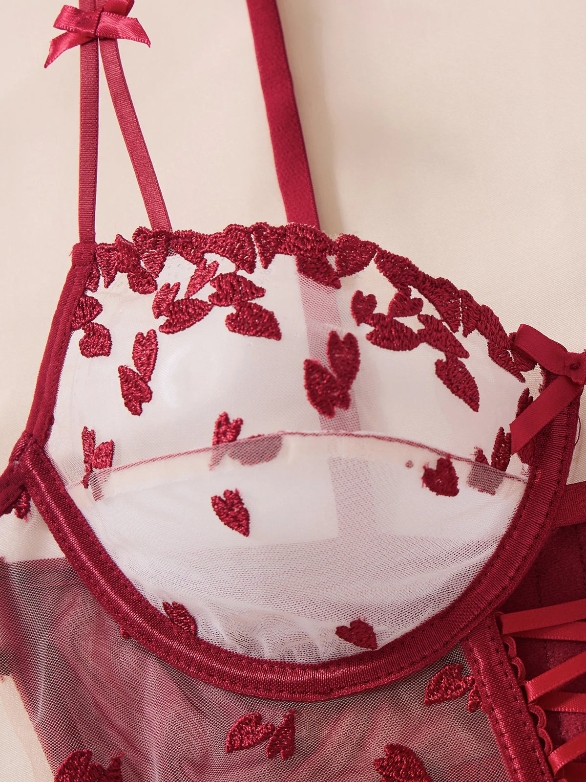 Red Wine Color Heart Embroidery Bra Set with Ornament Valentine's Day Gift Top Choice Lingerie Underwear for Women