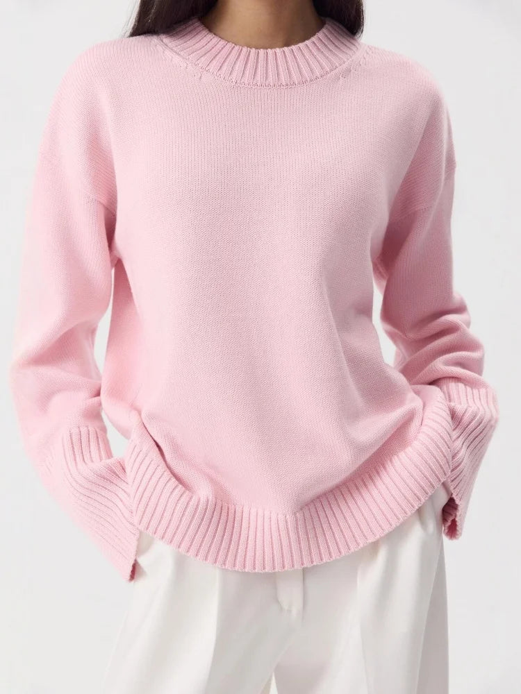 Women's Casual Solid Cotton Pullovers O-Neck Long Sleeve Warm Loose Knitted Top Female Autumn Winter Basic Soft Sweater