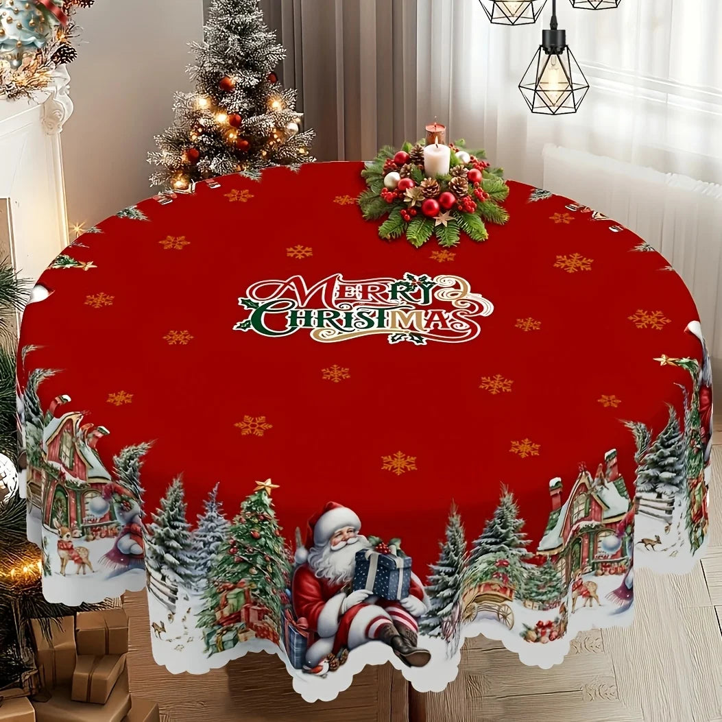 1pc Festive Santa, Snowman & Christmas Tree Tablecloth for Holiday Parties, Picnics, Cafes & Home Decor, Holiday Table Setting