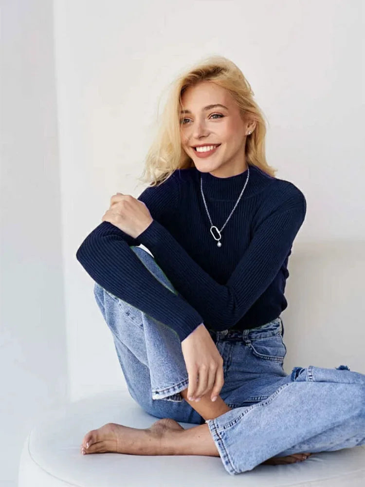 Women's Elegant Knitted Pullover Sweater Vintage Half High Neck Solid Tops Casual Slim Fit Sweaters Autumn Winter Basic Knitwear