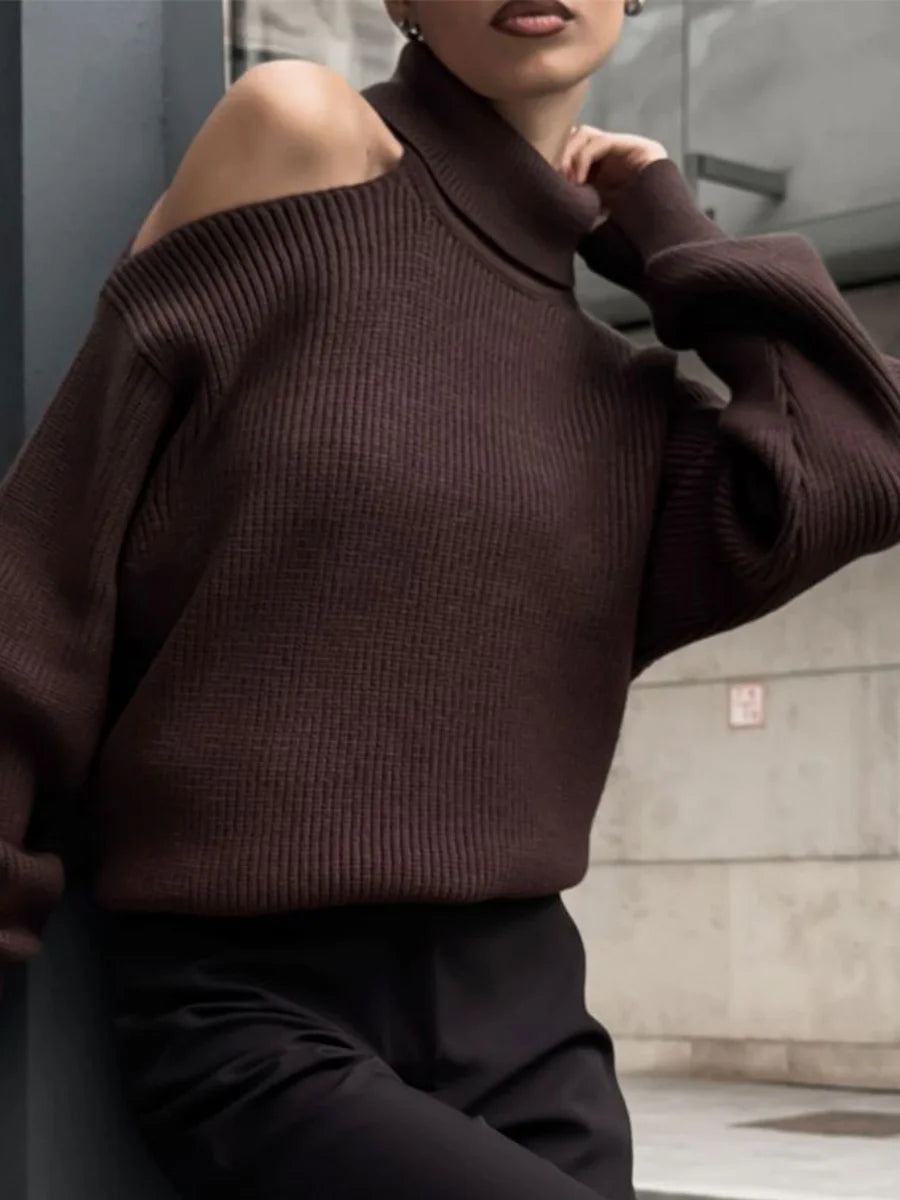 Women New Turtleneck Cutout Shoulder Pullover Long Sleeve Ribbed Knit Trendy Loose Fit Sweater Autumn Winter Fashion Streetwear