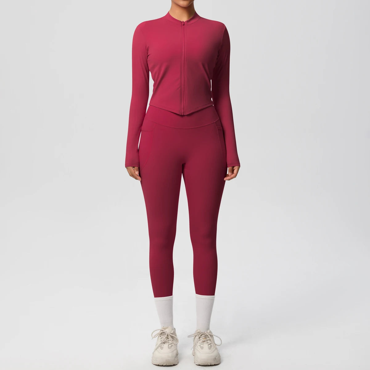 2PCS Yoga Suit Women Gym Set Leggings With Pocketed Women Tracksuit Running Zipper Workout Sportswear Long Sleeve Sports Shirt