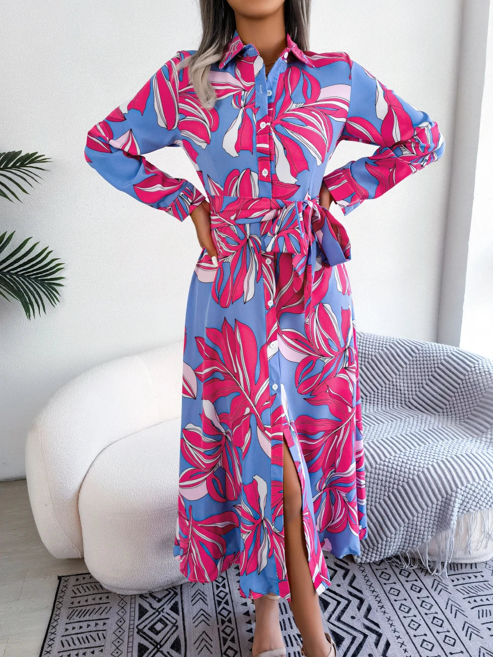 Women Casual Floral Print Long Sleeve Maxi Shirt Dress for Spring Autumn 2026 Elegant Contrast Color Lapel Buttons Long Dresses