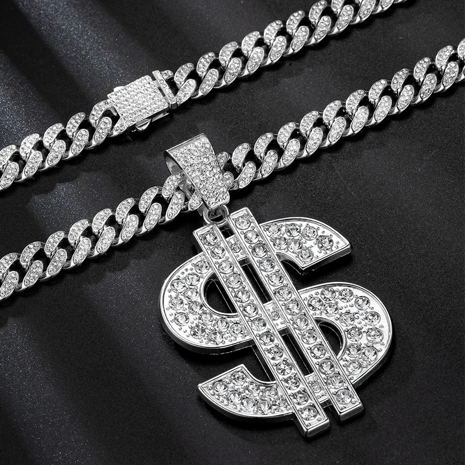 ZAKOL Hip Hop Letter Pendant Necklace for Women Men Shiny Rhinestones 13MM Cuban Chain Necklaces Fashion Jewelry Gifts