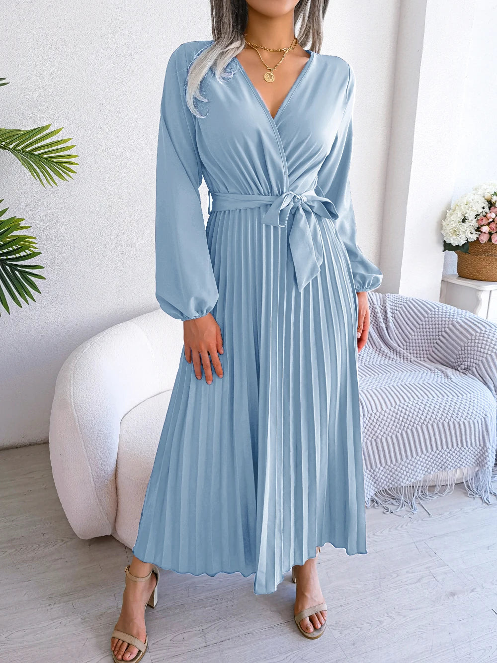 Women Elegant V Neck Long Sleeve Pleated Maxi Dress