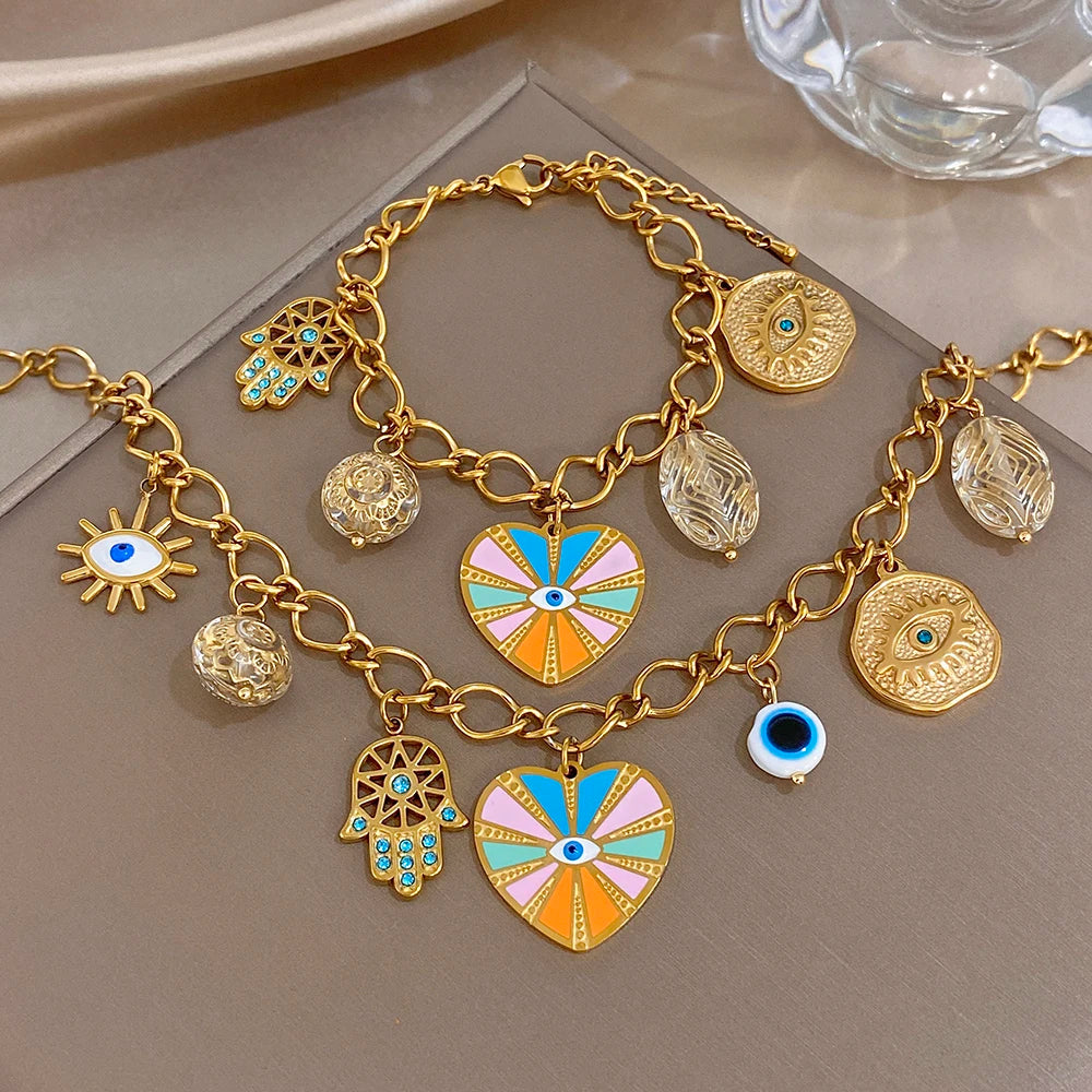 New Style Boho Women's Set Jewelry Vintage Devil's Eye Charm Enamel Heart Pendant Stainless Steel Necklace Bracelets Accessory