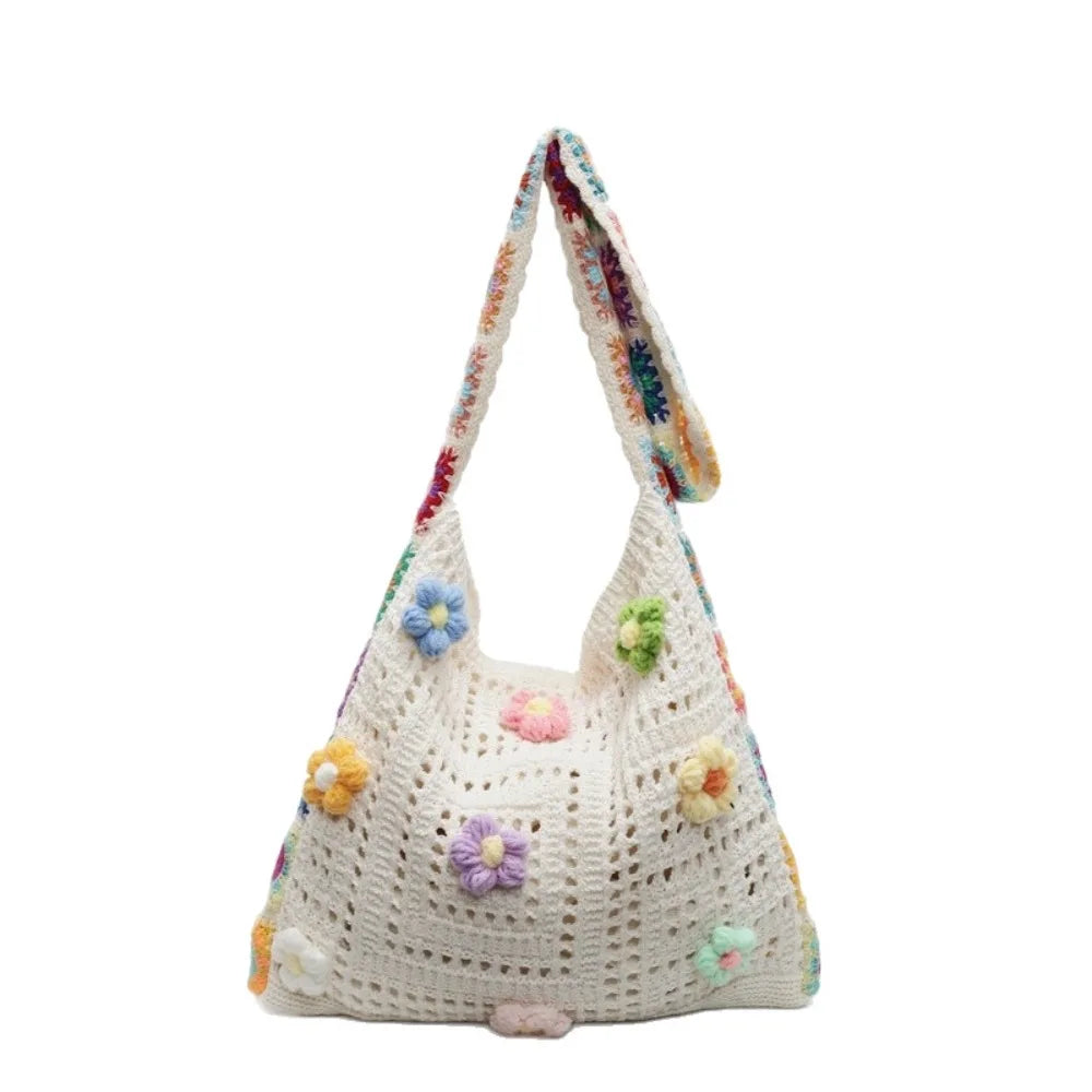 Boho Knitting Shoulder Bag Floral Large Capacity Bohemian Crochet Crossbody Bag Ethnic Style Lazy Style Casual Woven Handbag