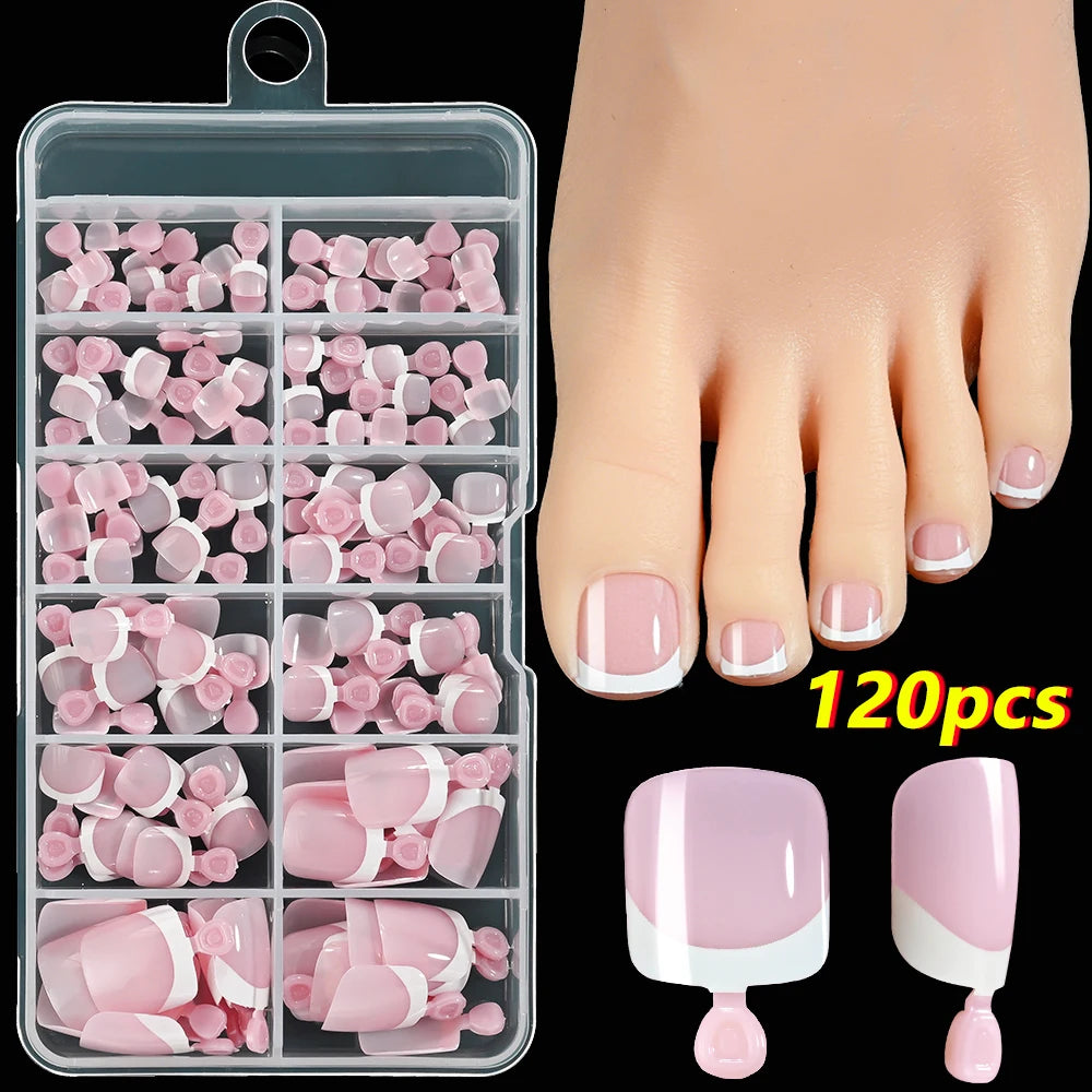 288/120Pcs False Toes Nails French Square Fake Toe Nails Pink/Nude/Brown Feet Nail Tips for Women Artificial Press On Toenails