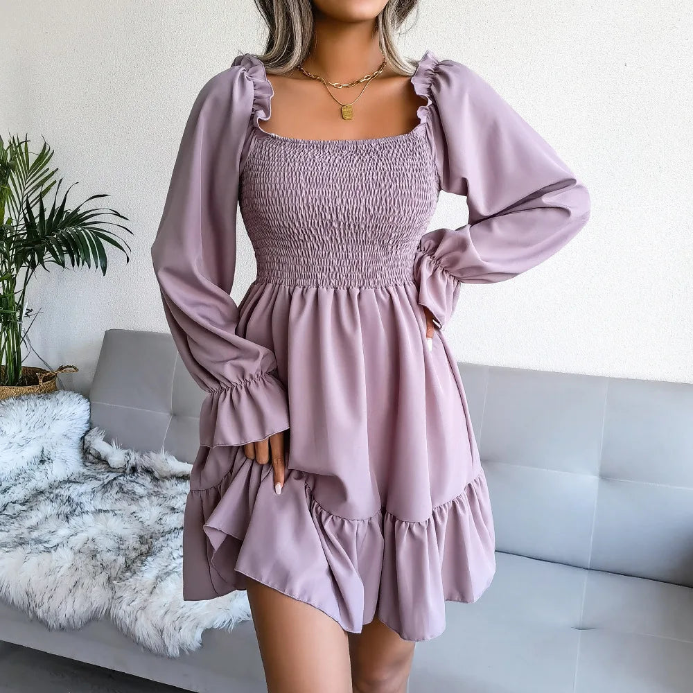 Spring Summer Casual Solid Color Square Neck Flared Long Sleeve Ruffled Dress Red Orange Green Black 2026 Fashion Woman Clothing
