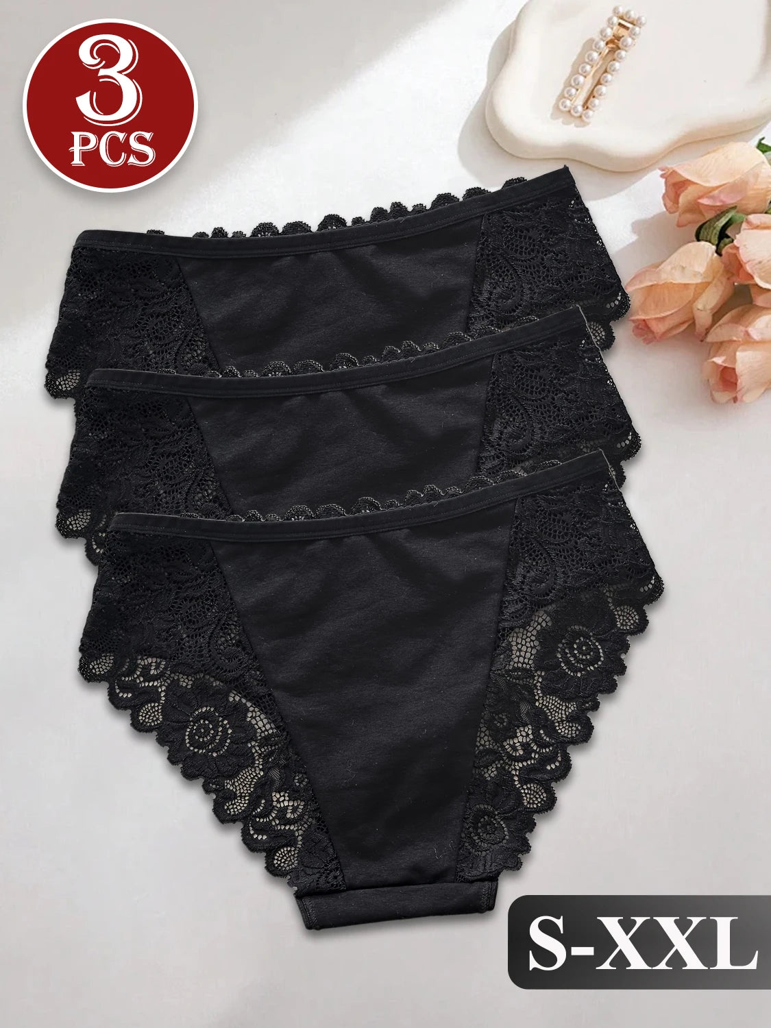 3PCS Black Lace Floral Trimmed Panties for Women Daily Casual Underwear Solid Color Mid-Rise Breathable Sexy Briefs Lingerie Hot