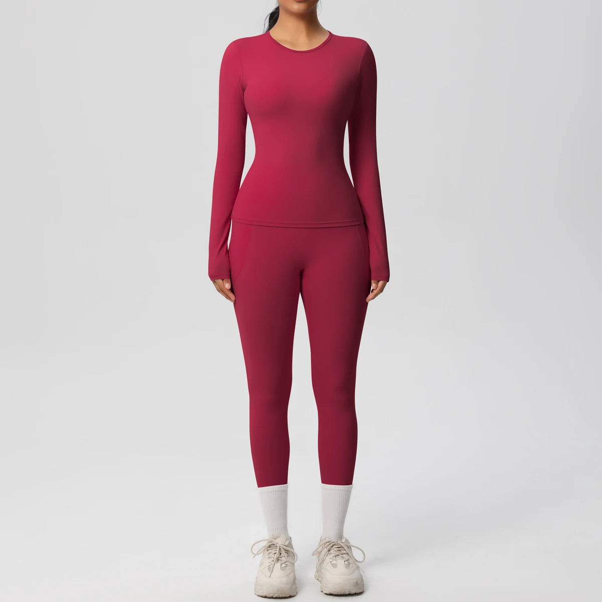Summer 2PCS Women's Yoga Suit Solid Color High Stretch Slim Casual Long Sleeves Quick Drying Push Up Women Pockets Pants Set