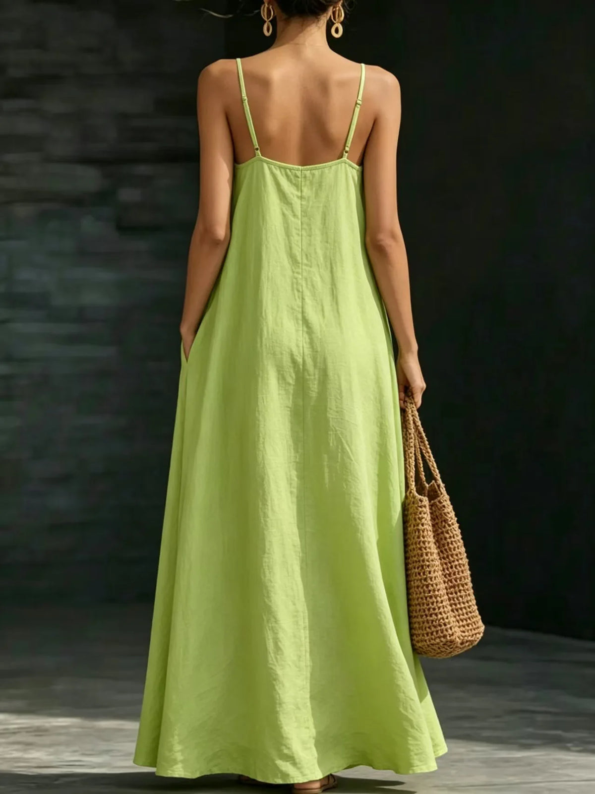 Women Linen Spaghetti Strap Maxi Dress V Neck Loose Swing Long Dress With Pockets Casual Summer Beach Vacation Sundress Ladies