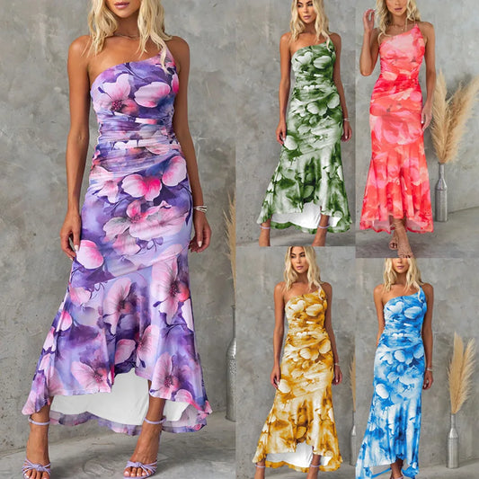 BKLD 2026 New Elegant Sexy One-Shoulder Strap Dress Sleevless Printed Bodycon Clothes For Women Fashionable Trendy Midi Dresses