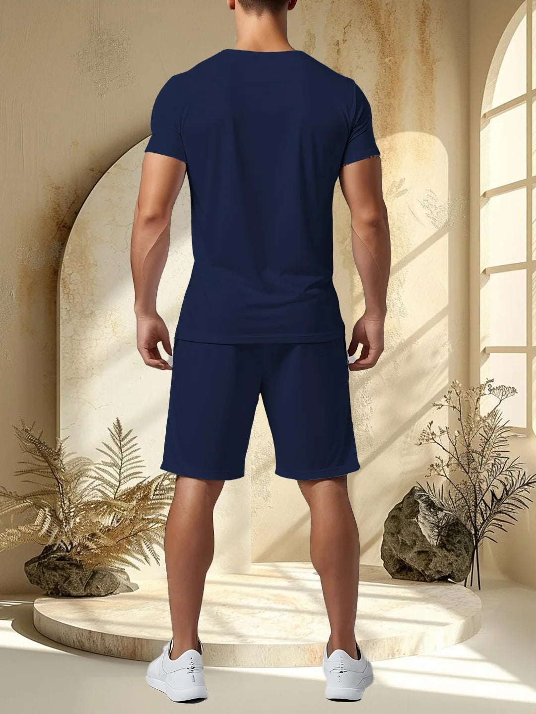 Men's printed two-piece fashionable casual round neck short sleeved T-shirt and drawstring shorts spring/summer sports suit men'