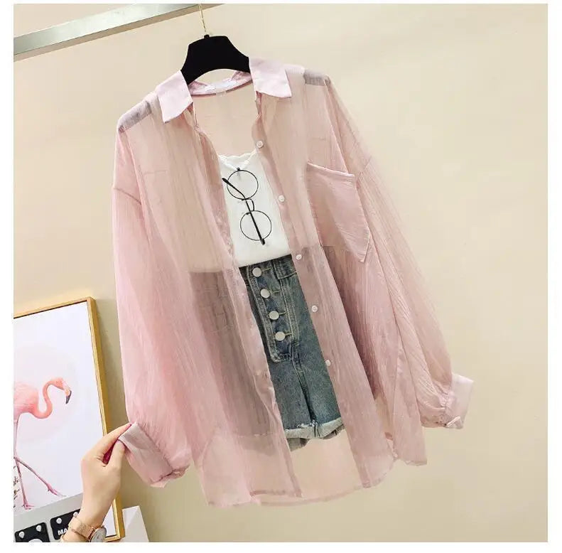 Summer Sunscreen Shirt Elegant Perspective Thin Chiffon Blouse Korean Harajuku See Through Loose Top Casual Women's Cardigan