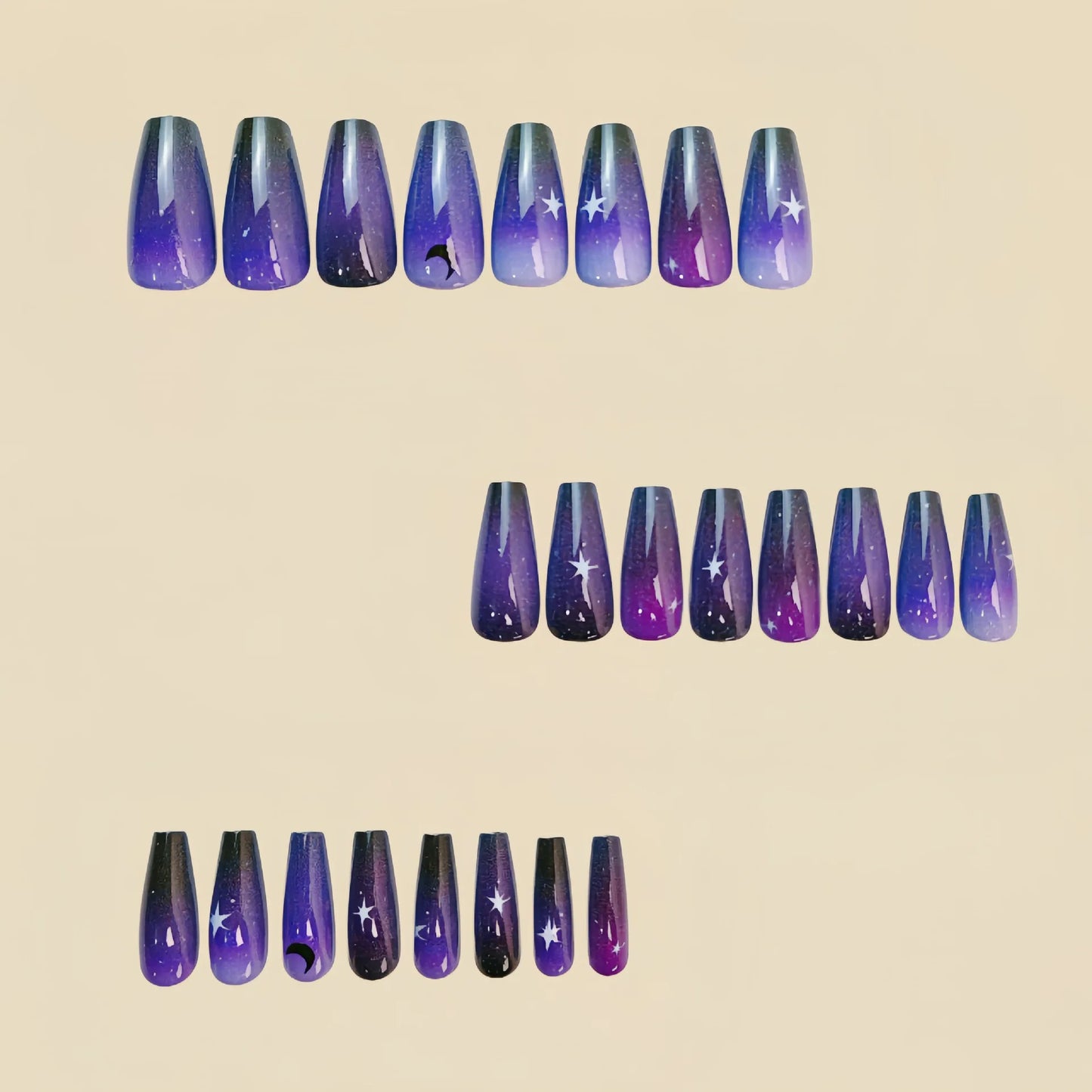 24pcs/set medium long fake nails square ballet nail tips glitters starry sky moon star feather design press on false nail art