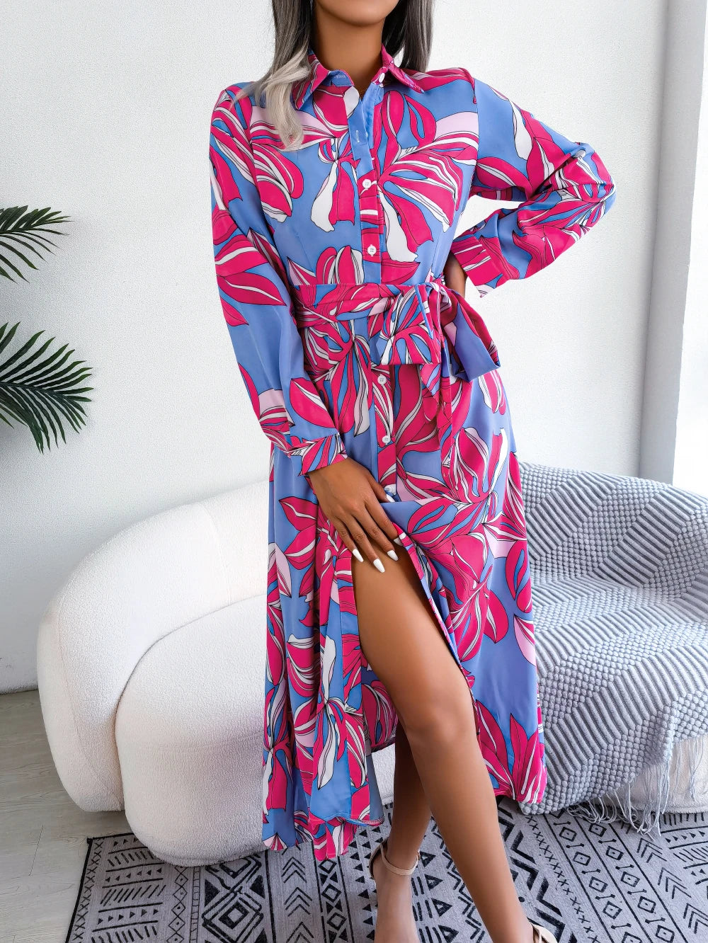 Women Casual Floral Print Long Sleeve Maxi Shirt Dress for Spring Autumn 2026 Elegant Contrast Color Lapel Buttons Long Dresses