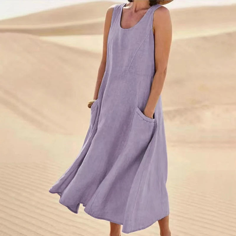 Women Casual Sleeveless A Line Dress with Pockets Vintage Hrajuku Loose Midi Length Maxi Dress Summer O Neck Cotton Linen Dress