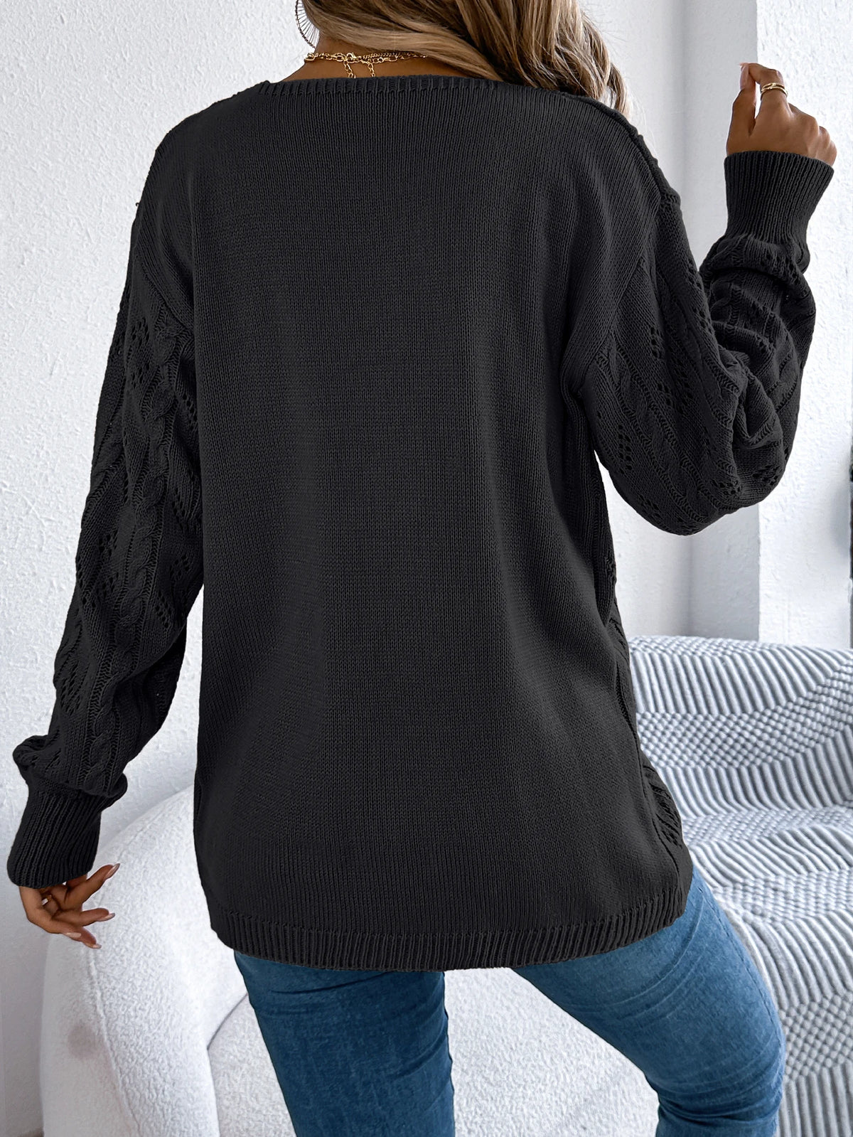 Women's Solid Color Hollow Out Knitted Cardigan Sweaters 2026 Autumn Winter Casual Lantern Long Sleeve Coats White Black Khaki