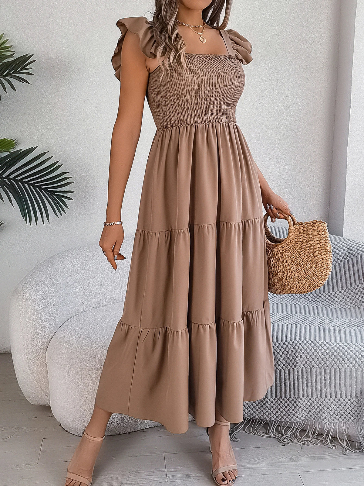 Spring Summer Solid Color Edible Tree Fungus Edge Square Neck Sleeveless Holiday Dress Elegant Long Dresses for Women Rose Blue