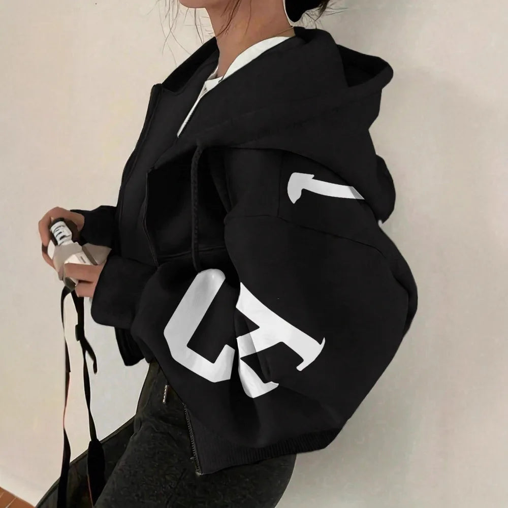 Women Y2K Crop Zip Up Hoodie Letter Print Oversized Long Sleeve Hooded Sweatshirt Casual Streetwear Short Jacket Outerwear