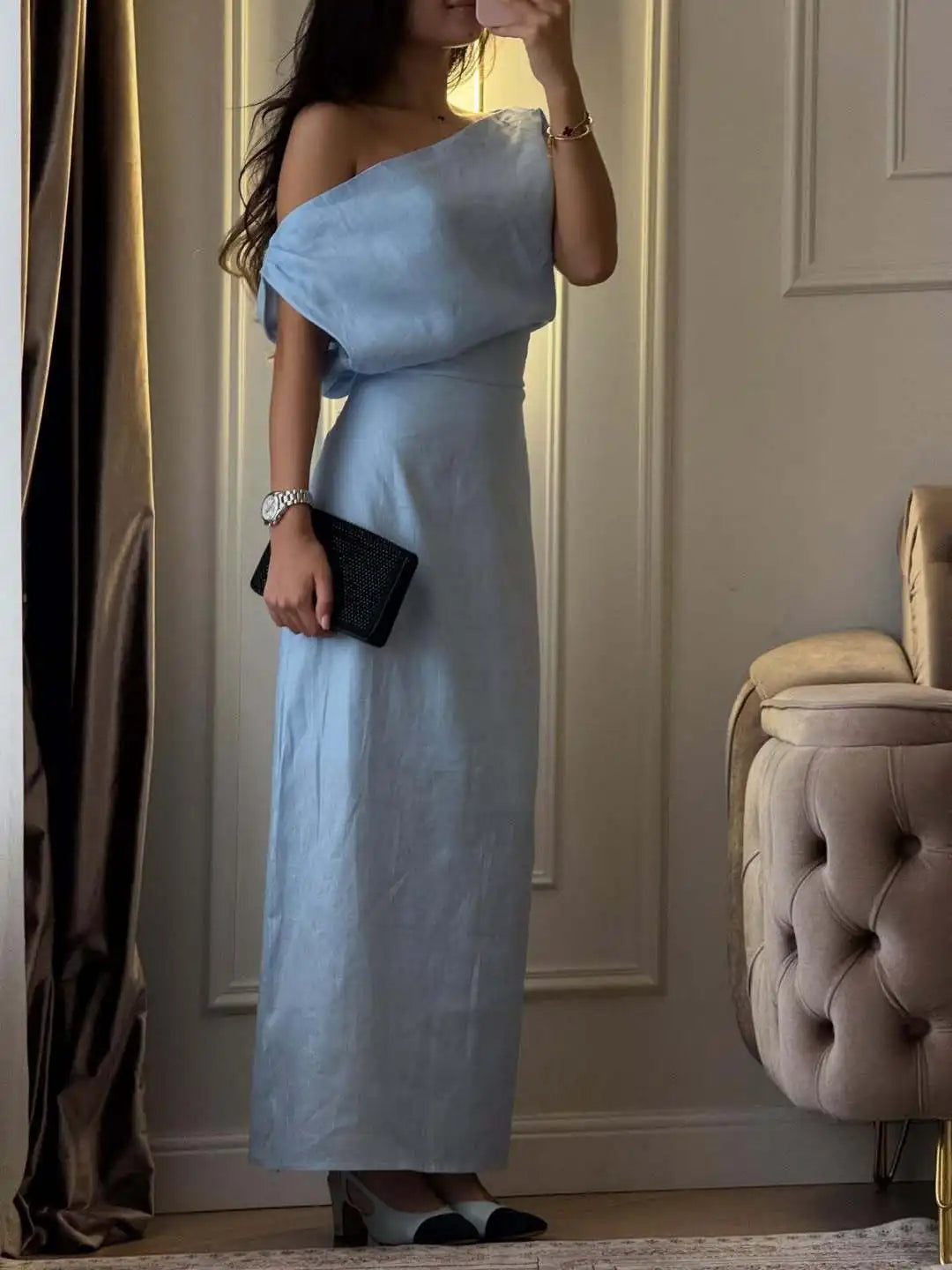 Elegant Solid One Shoulder Dresses Lady Skew Collar Waist-cinching Sleeveless Long Dress 2026 Women New Party Club Gowns