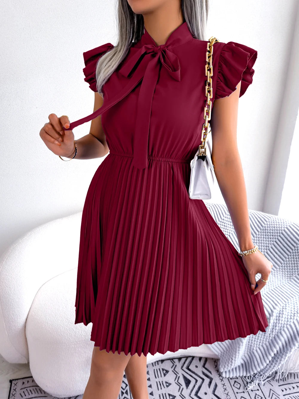 Elegant Bow Tie Pleated Dress 2026 Women Summer Solid Color Ruffles Short Sleeve Mini Dress Green Red Black Blue Woman Clothing