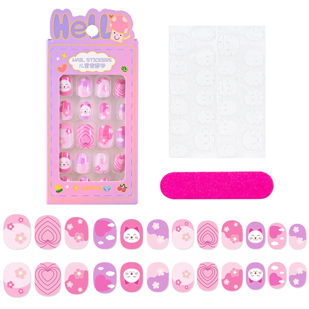24Pcs/Box Cartoon Heart Bow Rainbow Design Kid Fake Nails Tips Cute False Nail Girls Press on Nails Full Cover Short Fingernails