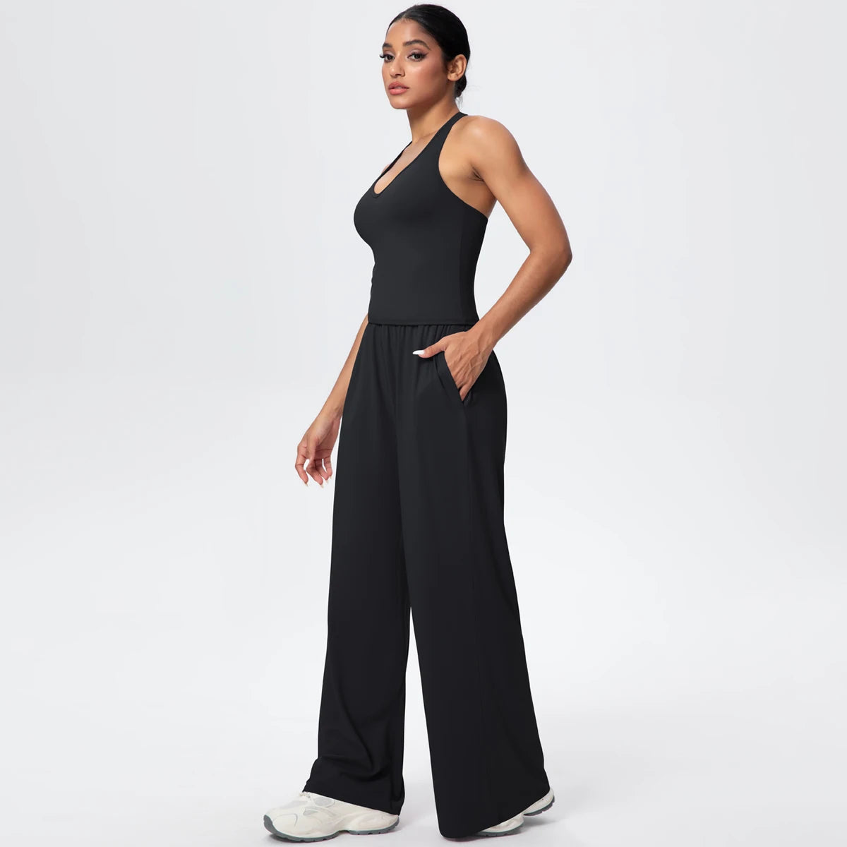 Breathable Loose Wide Leg Pants and Yoga Vest Set Solid Color High Stretch Pockets Pants Beautiful Back T-shaped Vest Yoga Suit