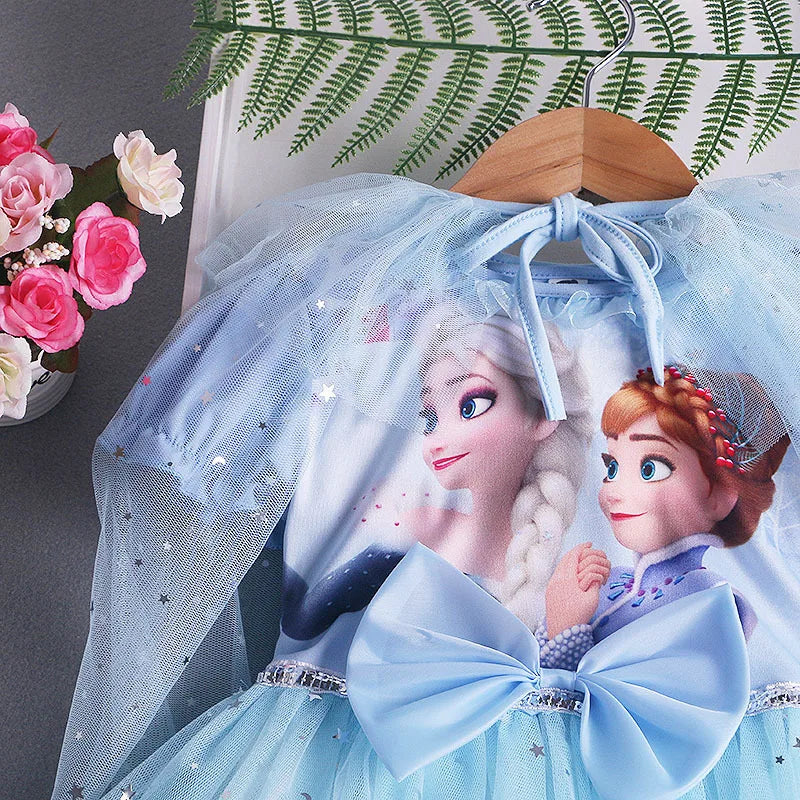 Disney Elsa Princess Dress with Cape Girls Dress Summer Kids Short Sleeve for Children's  2-8Y