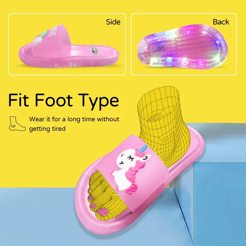 Kids Cartoon Unicorn Light-Up Slippers – Cute Animal Print Bathroom Shoes | شباشب أطفال برسومات يونيكورن وحيوانات – تضيء عند المشي، تصميم لطيف للحمام