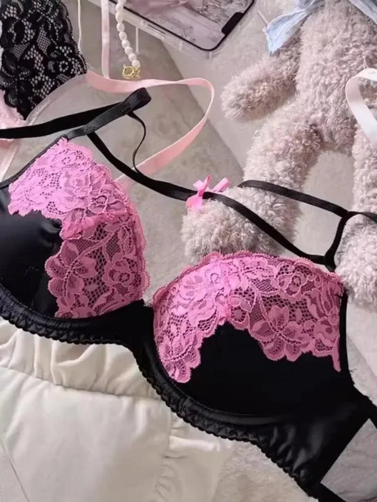 MOYISU French Lace Bralette with Bow Sweetheart Neckline Petite Bust | Natural Lift Minimalist Bra Set Sexy Yet Subtle Support