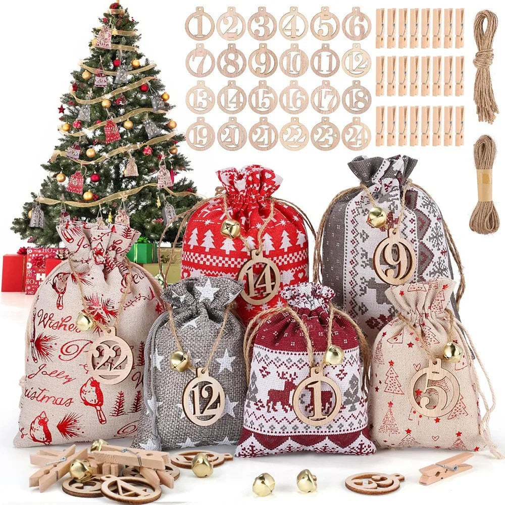 Pack of 24 Advent Calendar for Filling 2026 DIY Self-Fillable Fabric Bag Gift Bags Advent Bags for Christmas Tree Decoration