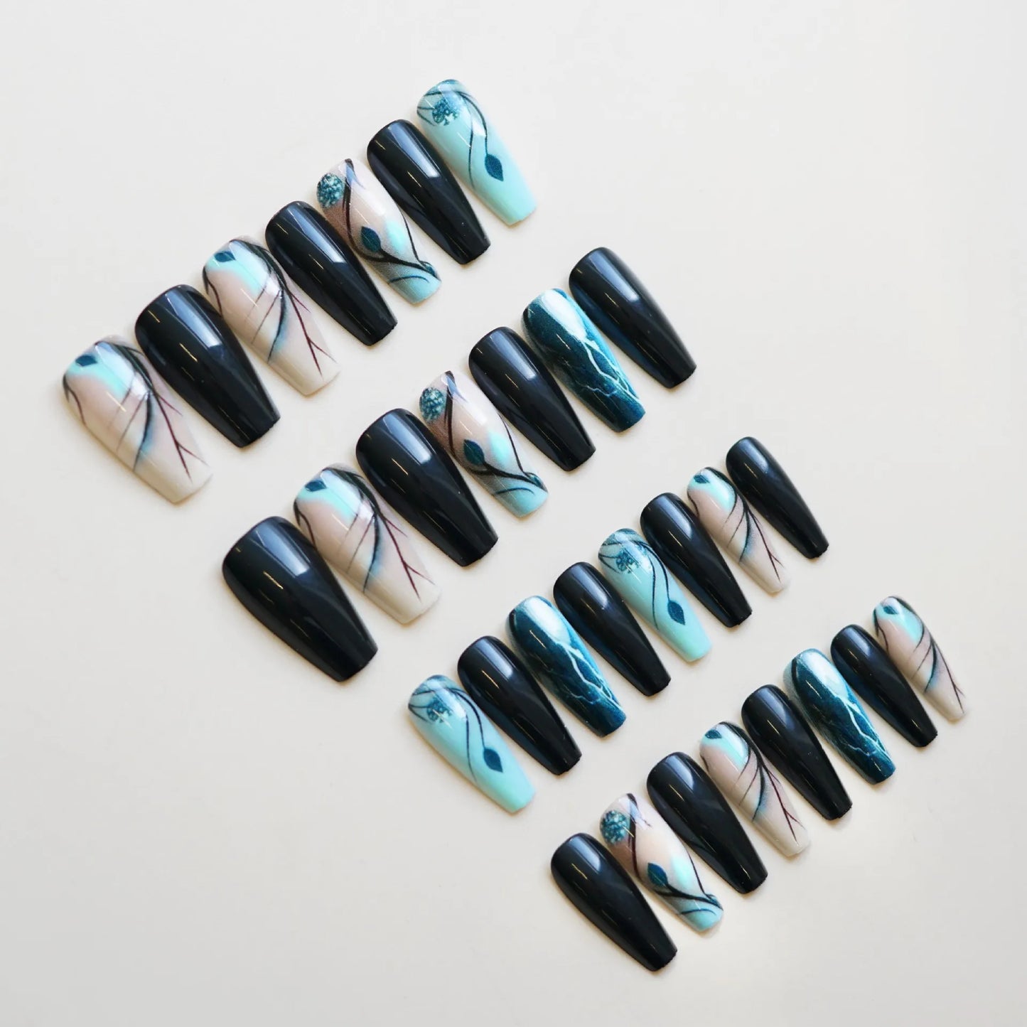 Medium long fake nails Blue pink flowers leaf for Spring summer ballet shape full cover reusable ABS Press-On Artificial Nails
