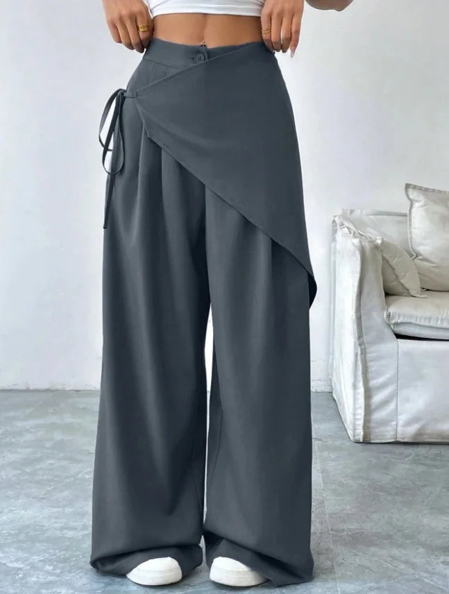 Elegant Irregular Suit Pants for Women High Waist Loose Wide Leg Pants Asymmetrical Lace Up Trousers Elastic Waist Casual Pants