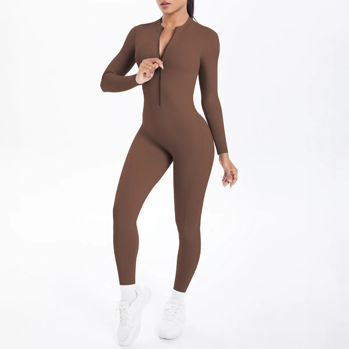 Solid Color Backless Yoga Bodysuits Women's Sportswear Stretch Bodysuit For Women Long Sleeves Jumpsuits Push Up Half Zipper Set