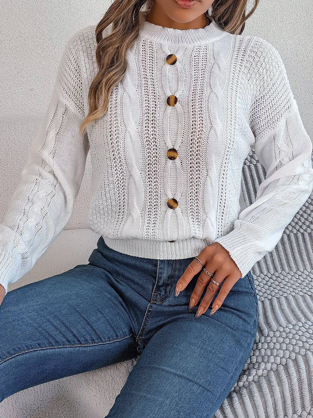 Women's Solid Color Round Neck Buttons Knitted Sweater 2026 Autumn Winter Casual Long Sleeve Pullover White Grey Green Woman Top