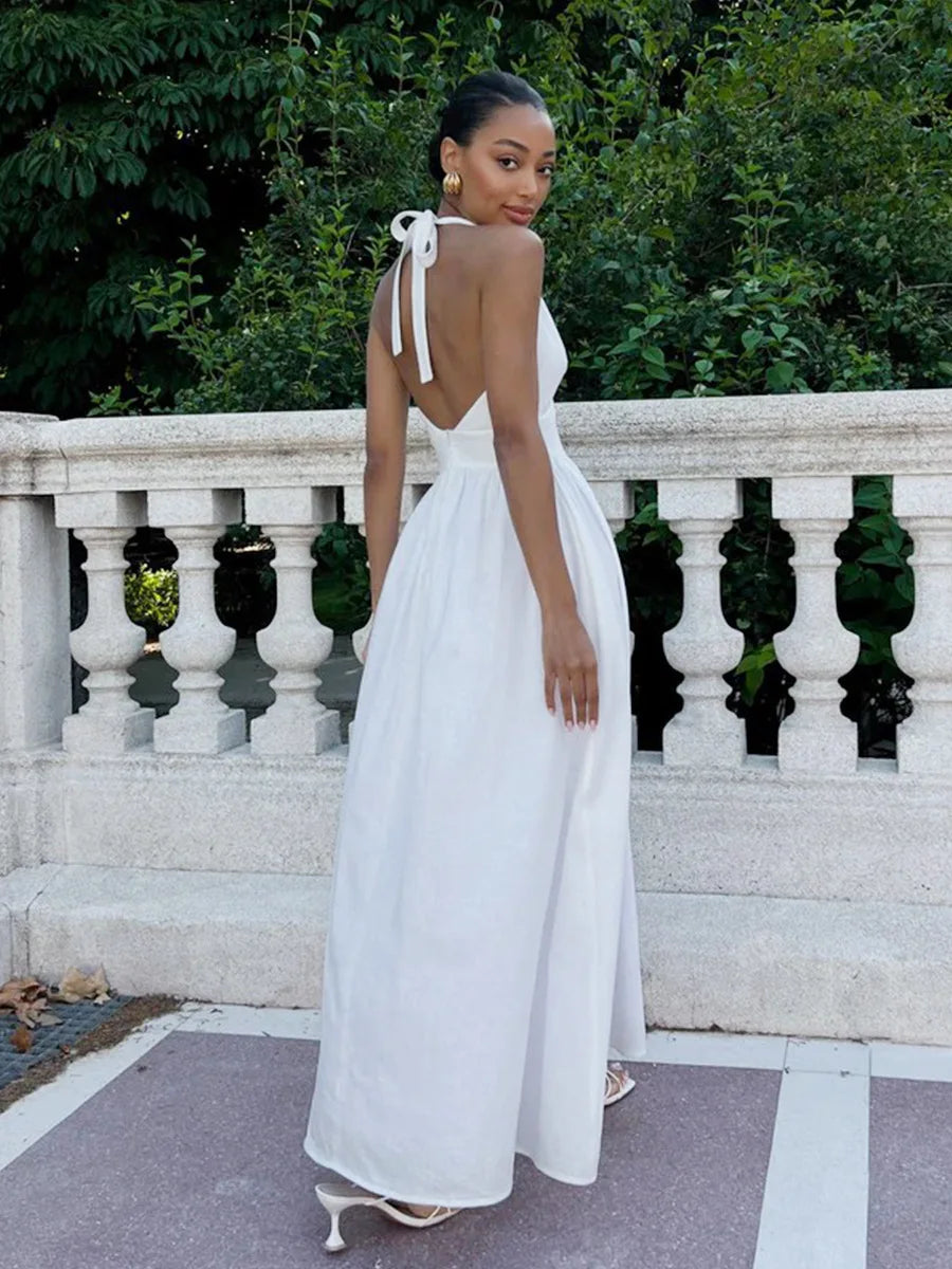 BKLD Pure Cotton Long Dresses 2026 Spring Summer High Waist V-Neck Lace-Up Maxi Dress Party Clubwear Solid Color Women Clothing