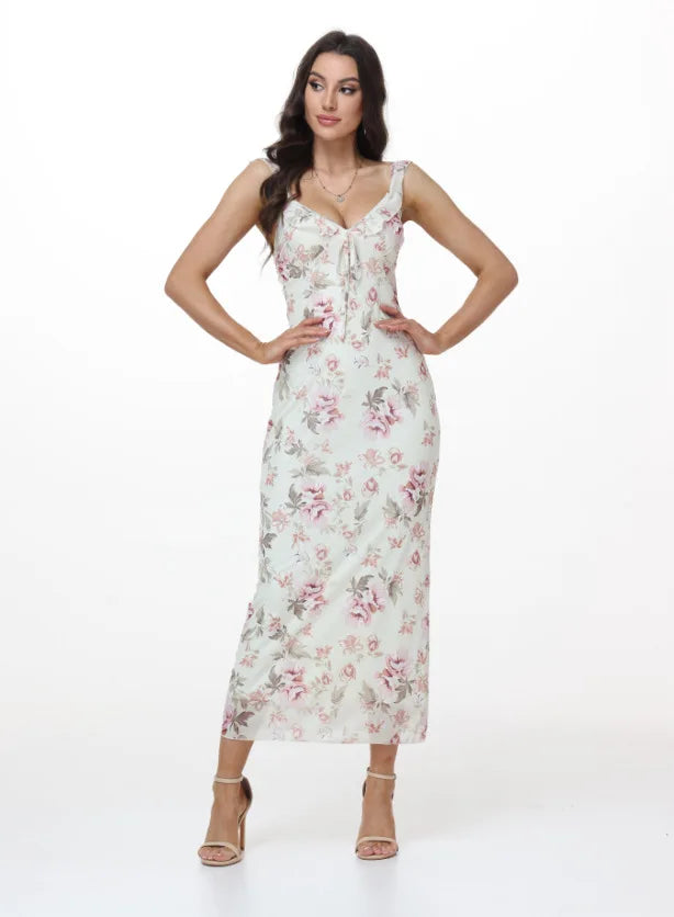 Elegant Summer Print Floral Dress Women V-neck Slim Ruffles Sleeveless Backless Long Dresses 2026 Beach Vacation Lady Vestidos