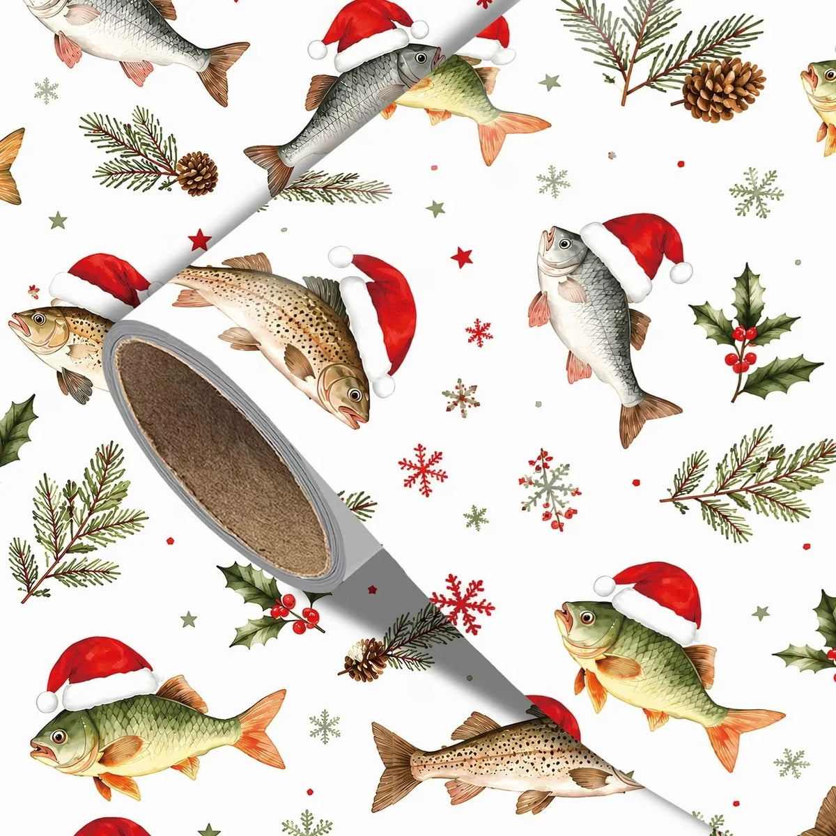 43X300CM Fisherman Christmas Wrapping Paper, Cute Santa Hat Fish Pattern, Winter Pine & Holly Design for Angler Holiday Gifts