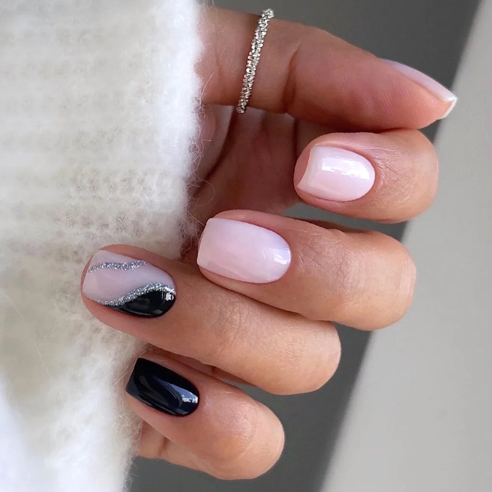 24pcs Blue Short Square False Nails Sets Shiny Smudge Lines Stick on Ballet Fake Nail Acrylic Simple Press on Nails Art Manicure