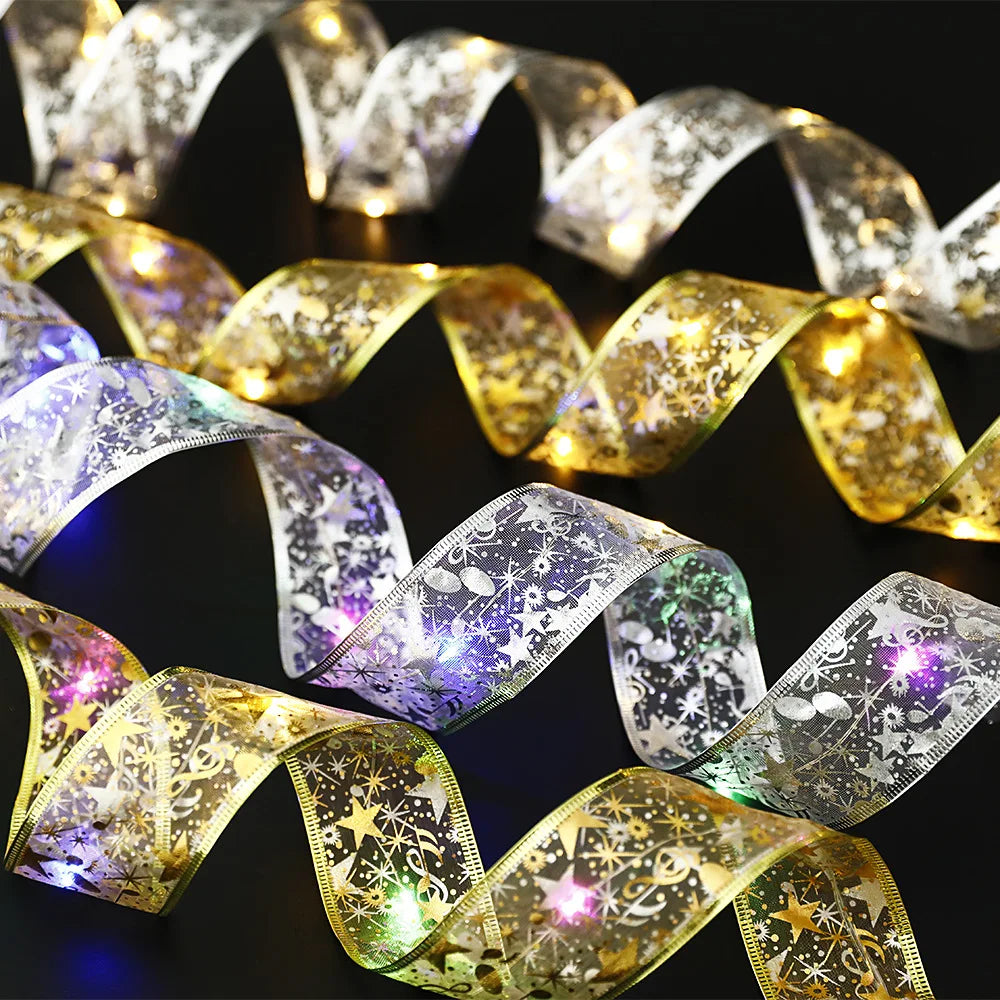 Christmas Decoration LED Ribbon Lights Christmas Tree Ornaments DIY Lace Bows String Light Navidad Home Decoration New Year 2025